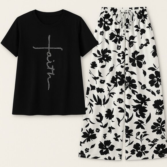 Last One! Faith Rhinestone Plus Size Casual Letter Print T-shirt | Black | Size - Picture 2 of 8